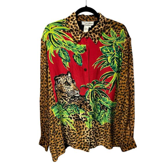 Vintage Diane Gilman 100% Silk Sequin Embellished Leopard Print Shirt Womens 2X - Picture 1 of 5